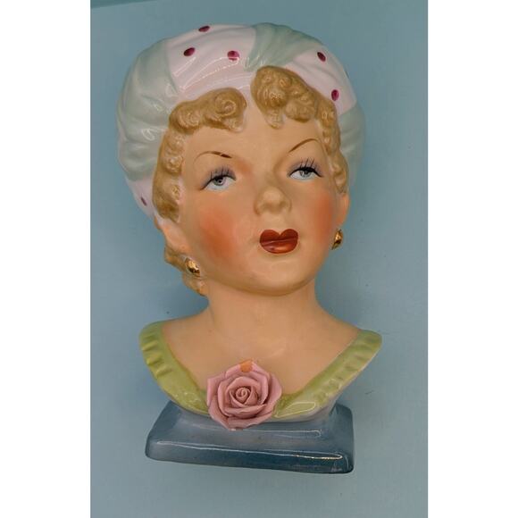 Lady Head vase Ucagco Ceramics Hand Painted Turban Rose Stamped Japan Blue Green - Picture 2 of 8